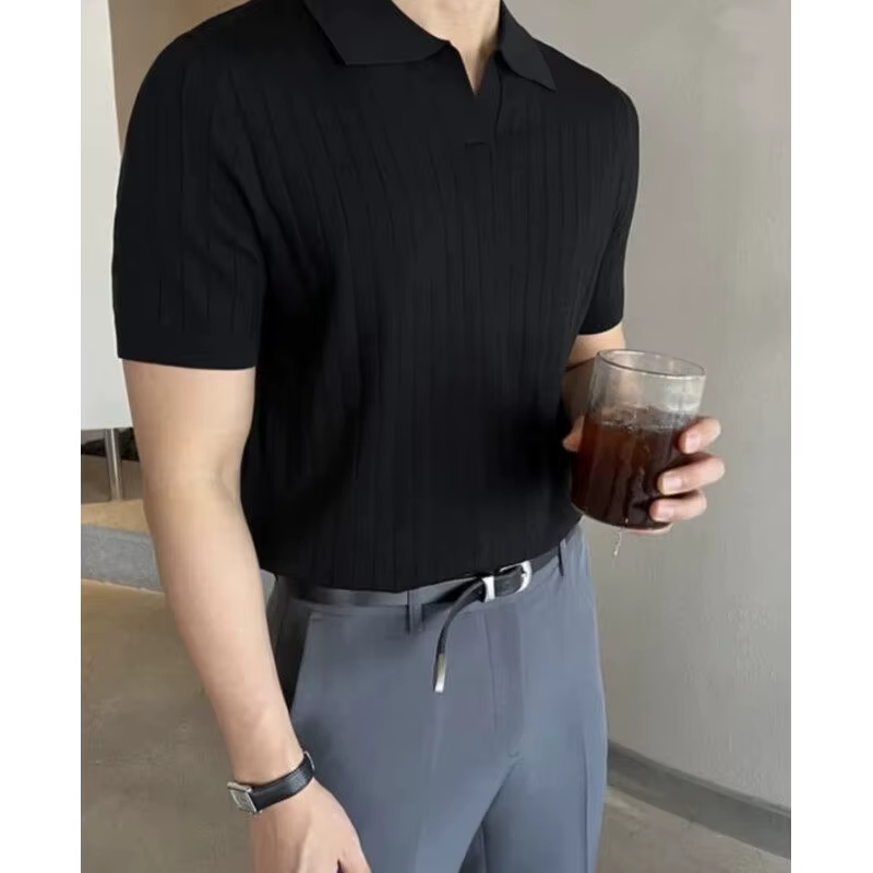 Hommes Slim Fit Polos Solide Stretch Sexy Col TShirt Mode Tendance Coton Haut Décontracté Vêtements D'été Confortable Extensible