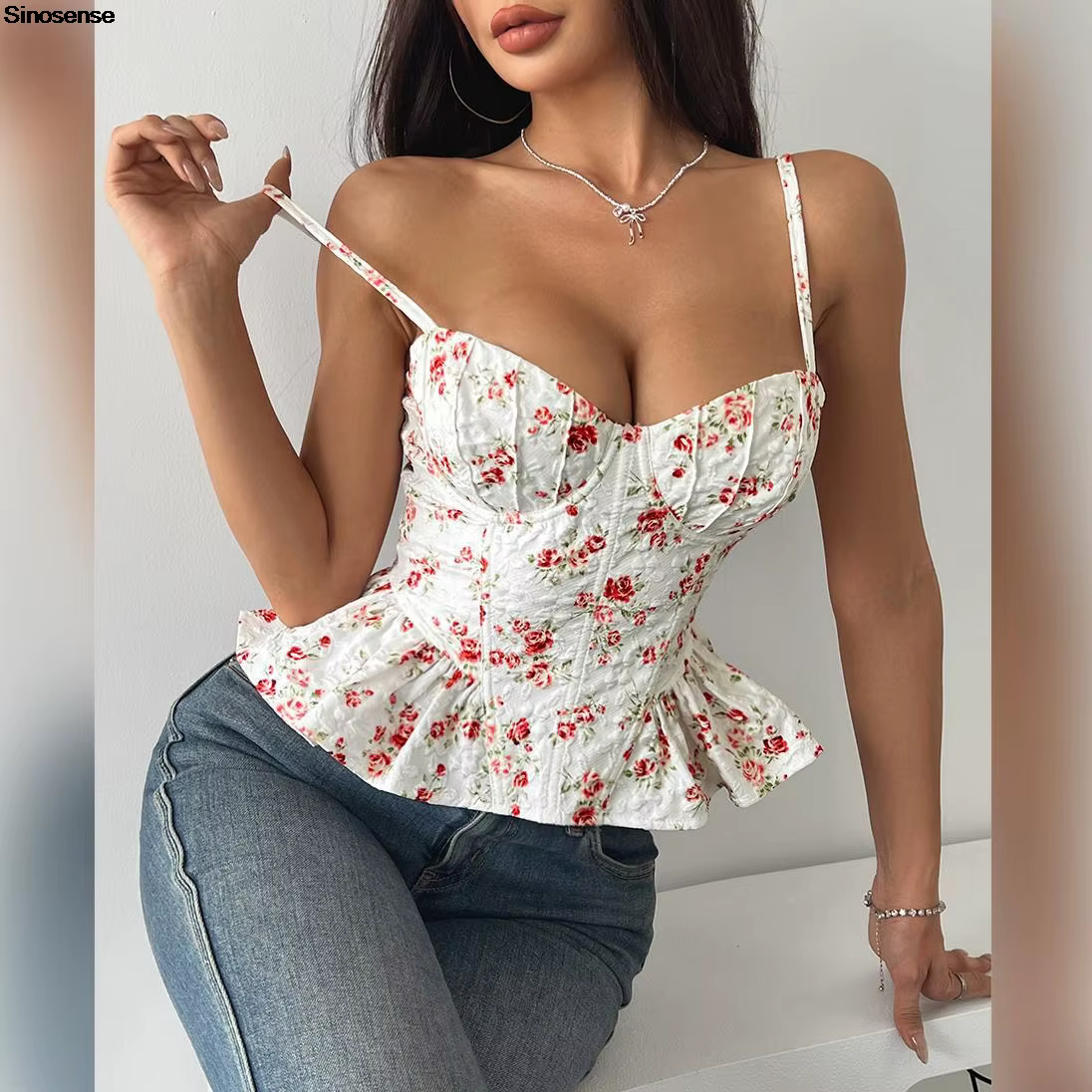 Femmes Floral été haut Corset Sexy dos nu à lacets asymétrique à volants ourlet Bustier Cami Y2K Date soirée Club hauts de fête
