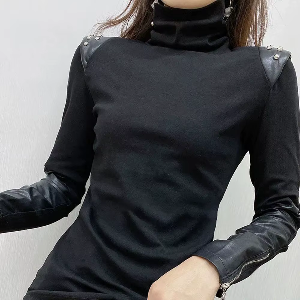 Noir dames T-shirts élégants automne hiver nouveau à manches longues demi-col haut sous-couche chemise mode polyvalent