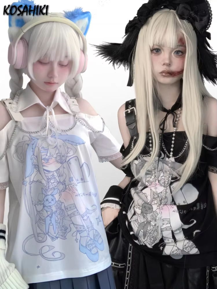 Économie College de dessins animés japonais pour femmes, T-shirt Harajuku Kawaii, Dégradé, Décontracté, Grunge, Esthétique, Off Initiated, Y-Summer, Y2k
