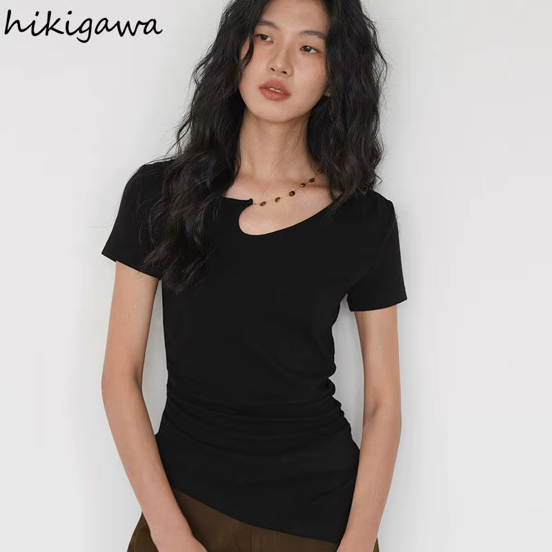 T-shirts Femme Noire 2026 – Tunique à Manches Courtes en Coton Y2K – Hauts Décontractés et Sexy pour l'Été – Style Coréen – Camisetas