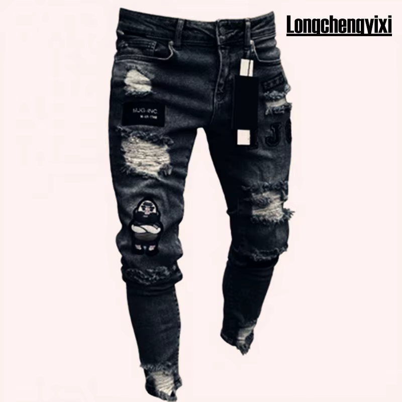 Hommes jean genou trou déchiré Stretch maigre Denim pantalon couleur unie noir bleu automne été Hip-Hop Style Slim Fit
