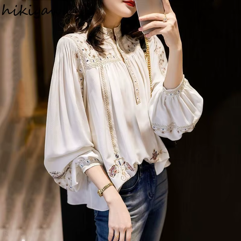 Chemisier De mode pour femmes à manches longues imprimé chemises amples 2025 Blusas Mujer De Moda col rond Vintage bohême été Blouses hauts