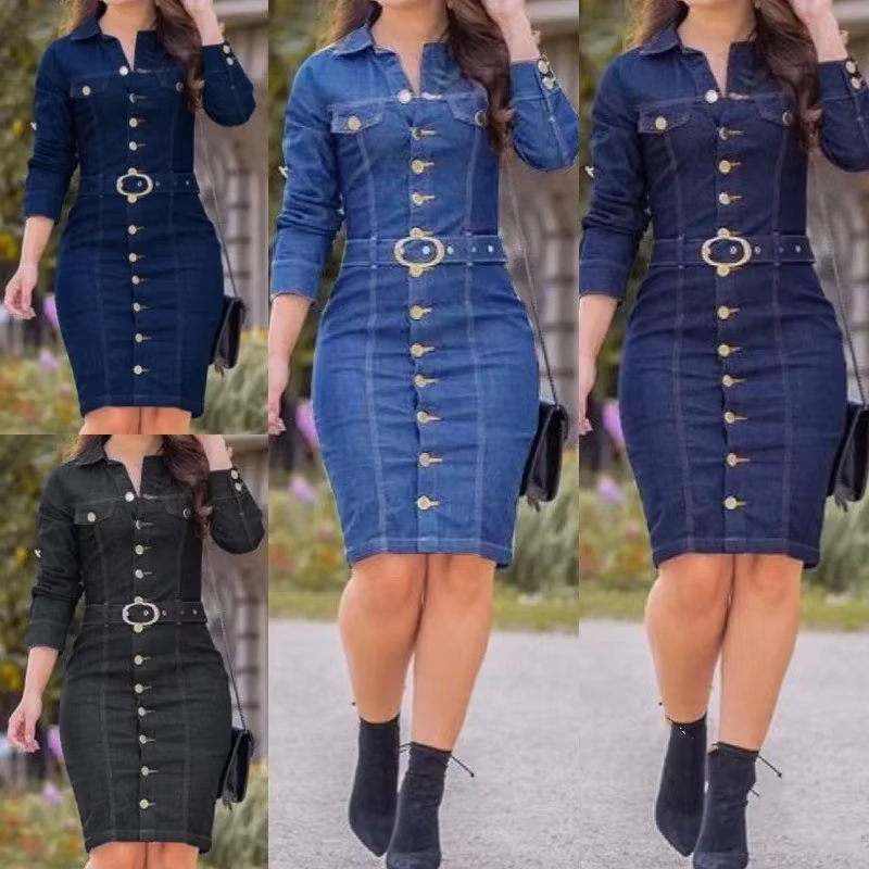 Nouvelle robe en jean femmes revers coupe ajustée élégante robes crayon à manches longues taille haute simple boutonnage jean robes Largos Mujer