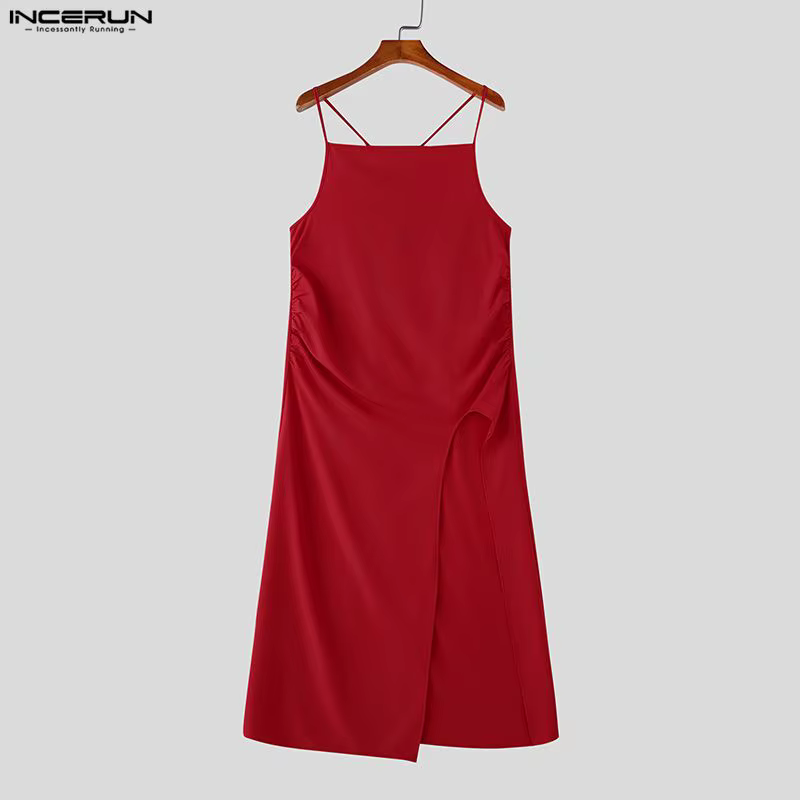 INCERUN Débardeurs Homme Unis Sans Manches à Bretelles Longs Style Streetwear Été 2026 Mode Fête Vêtements