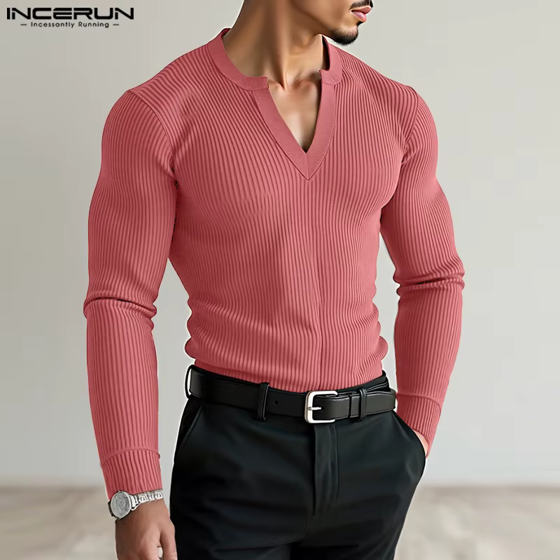 INCERUN hommes t-shirt couleur unie col en V à manches longues tricoté Streetwear mâle
