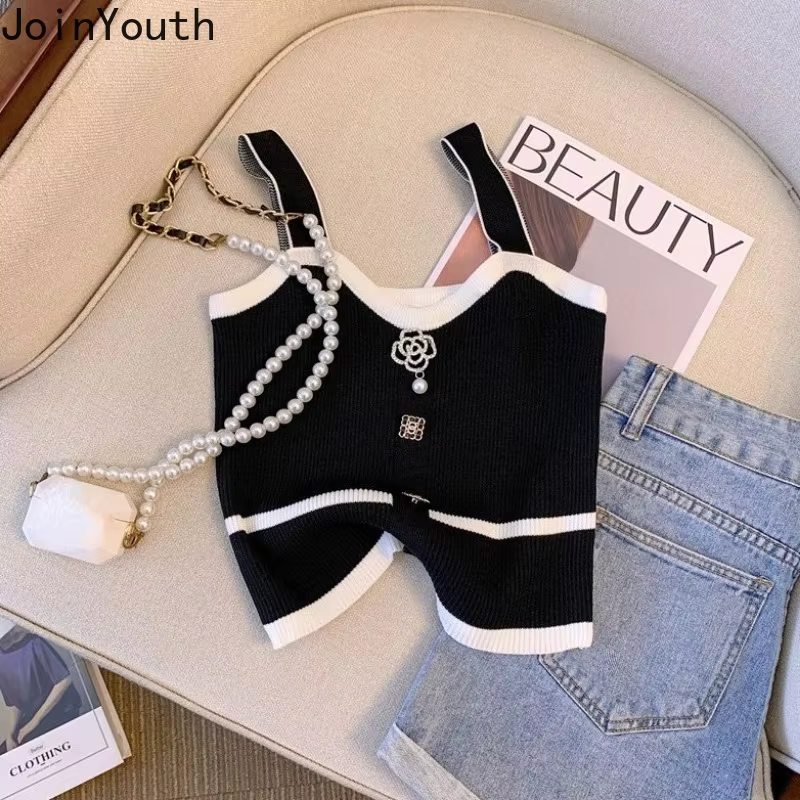 Débardeur tricoté femmes vêtements sans manches tunique tempérament coréen gilet 2025 Ropa Mujer mode Sexy Camis été culture hauts 27u009