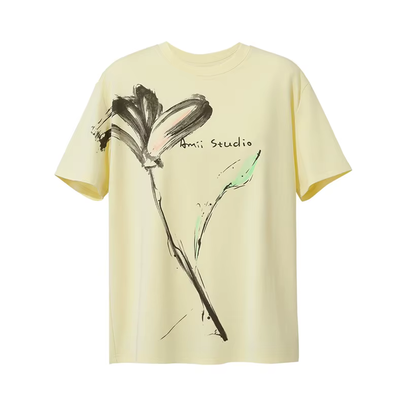 T-shirt femme Amii 2026 – Nouvelle collection été – Coton rafraîchissant – Col rond – Imprimé encre – Coupe ample – Manches courtes – Hauts 12622149