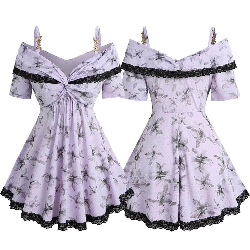 T-shirts pour femmes grandes tailles, imprimé floral violet, col torsadé convertible, détails en dentelle, hauts décontractés à épaules dénudées