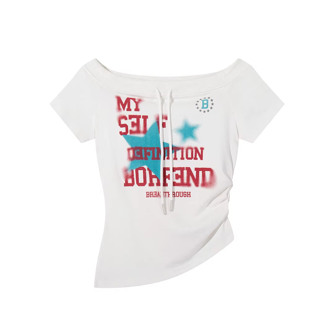 T-shirt à épaule dénudée BF.BORFEND style rétro américain pour femme, imprimé tendance, taille cintrée, manches courtes en coton