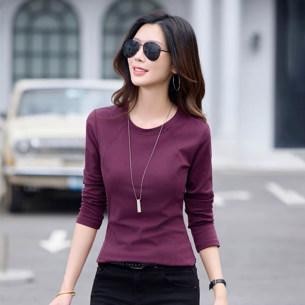 T-shirt à manches longues rouge vin pour femmes printemps et automne nouveau haut de gamme en coton mode grande taille