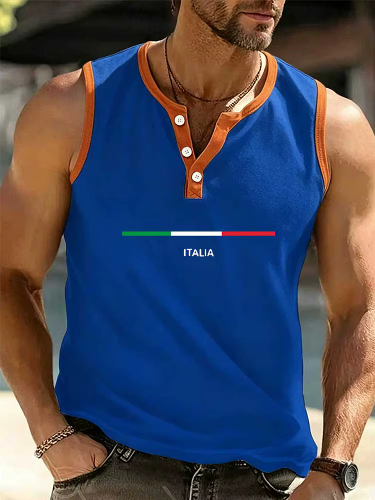 Débardeur Henley Homme à Bordures Contrastantes Imprimé Été Respirant Sans Manches Gilet Musculaire Décontracté Plage Gym Fitness Sous-vêtement