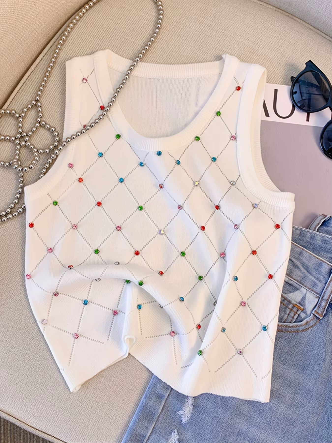 Débardeur tricoté en strass coloré