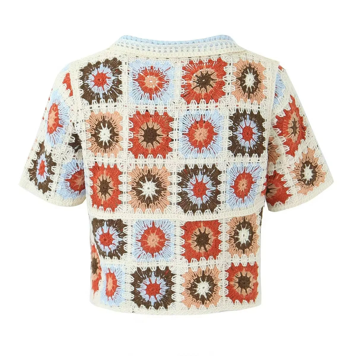 Vintage Crochet tricoté culture hauts Blouse chemises pour femmes décontracté à manches courtes évider chemise été Boho plage Plaid Blusas