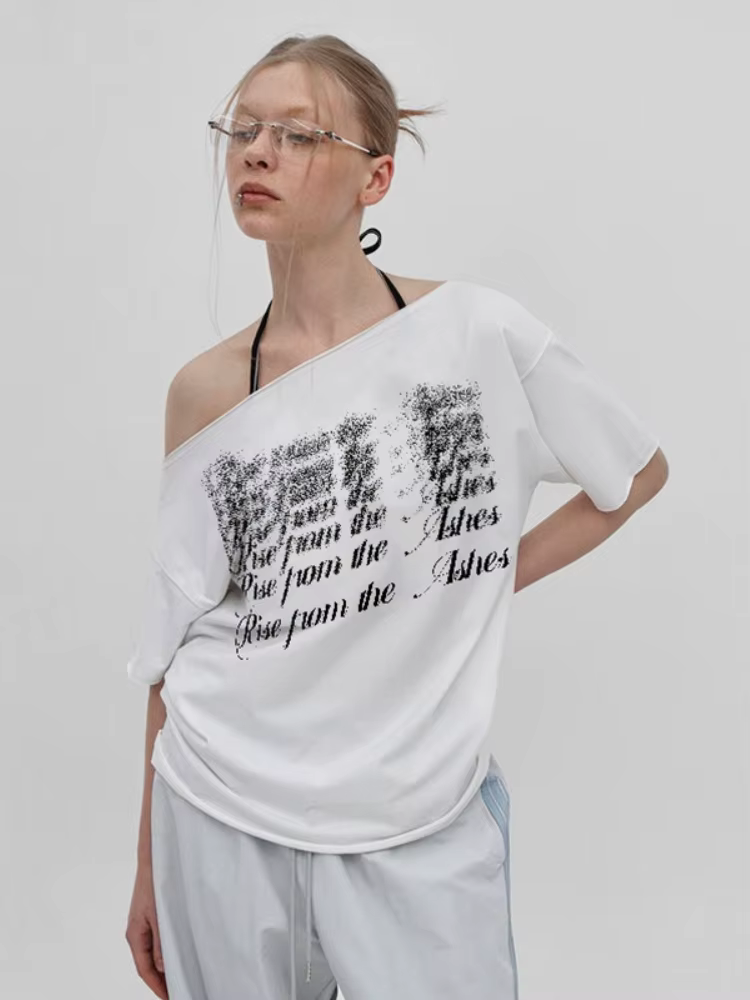 Col incliné surdimensionné t-shirts pour femmes Streetwear lettres imprimées Y2k haut Camisetas à manches courtes Grunge vêtements Ropa Mujer