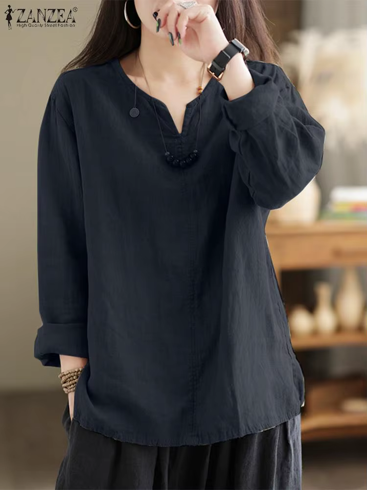 Vintage femmes coton Blouse automne col en V à manches longues hauts 2025 ZANZEA rétro solide chemise ample femme travail tunique Blusas Mujer