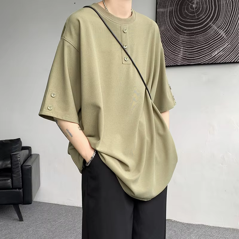 T-shirt hommes été boutons décor Hip Hop Streetwear mode T-Shirts haut surdimensionné T-Shirts hommes décontracté col rond demi manches t-shirt