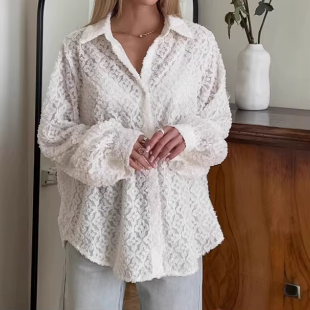 Chemise Femme Blanche Jacquard à Revers Style Français 2026 – Nouvelle Collection Été-Automne