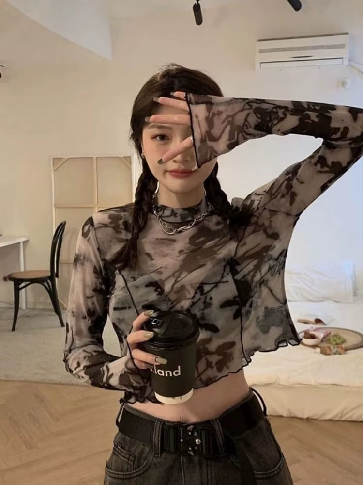 T-shirt à manches longues imprimé tie-dye pour femmes