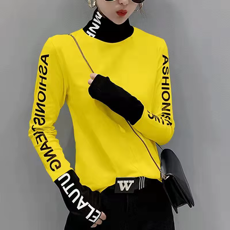 Vêtements chaud T-shirt haut jaune pour femmes avec impression 2025 col roulé femme