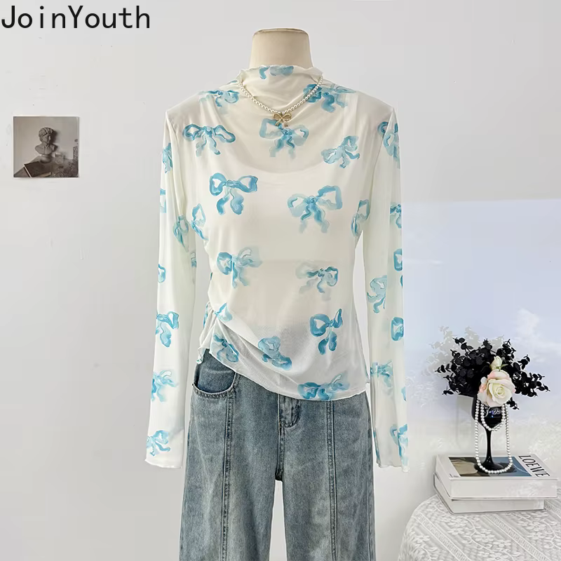 Gaze femme t-shirts nœud imprimé à manches longues