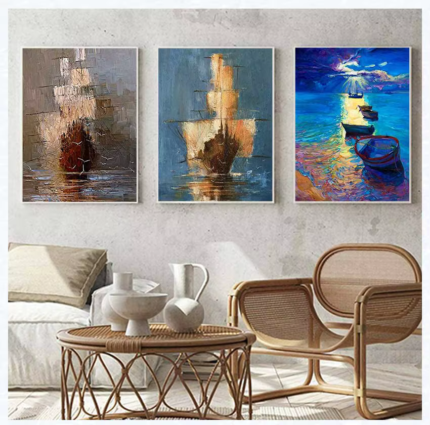 Peinture abstraite sur toile d'un bateau à voile sur la mer, art mural pour salon, chambre à coucher, maison, peinture à l'huile moderne peinte à la main