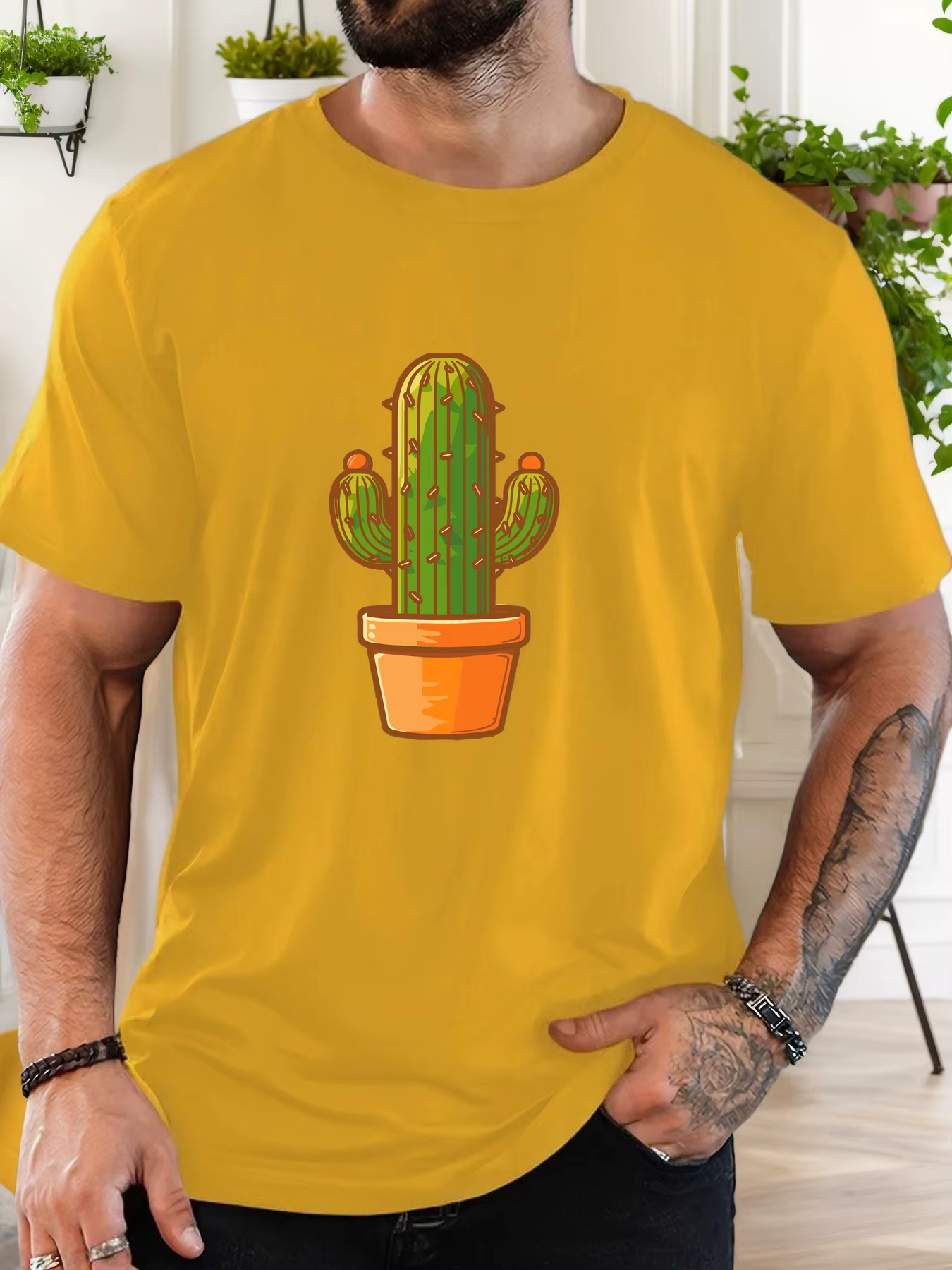 T-Shirt homme 2025 nouveauté mignon Cactus graphique Vibrant vert et Orange imprimé haut élégant quotidien décontracté