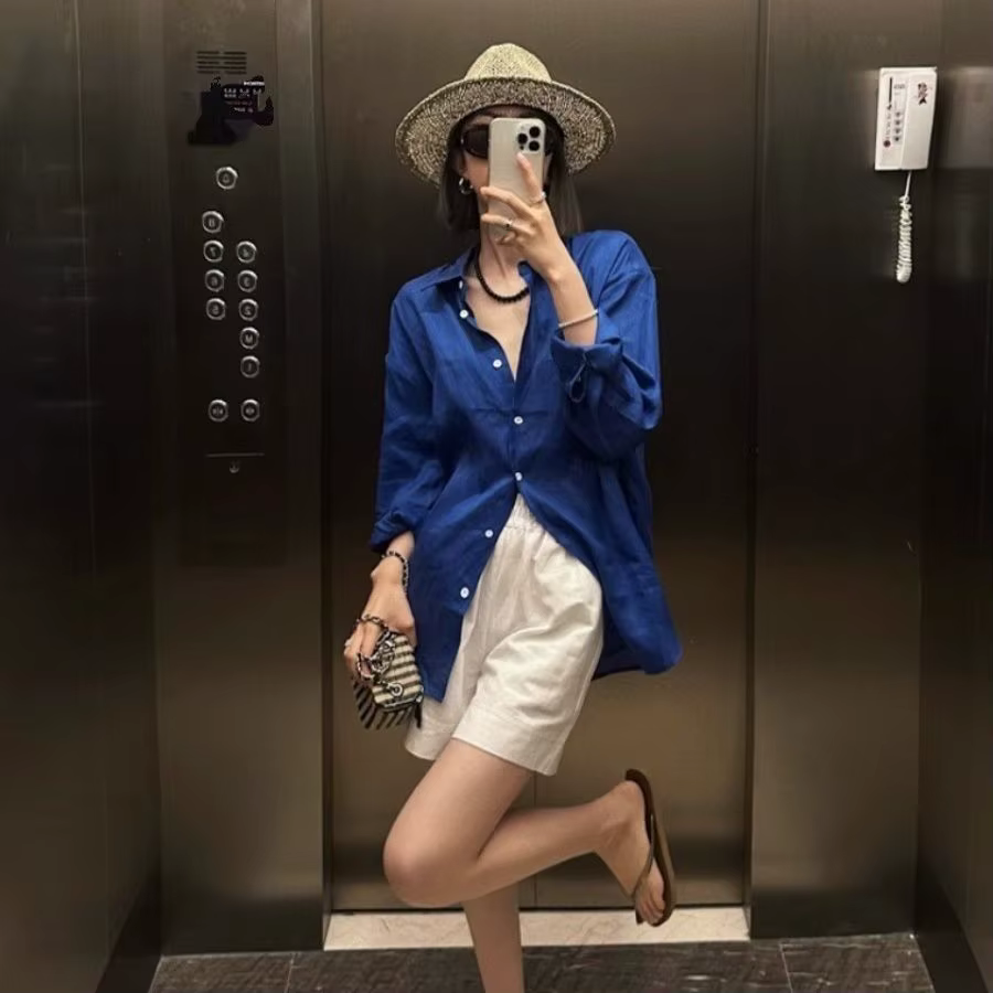 Chemise à manches longues en lin blanc pour femme