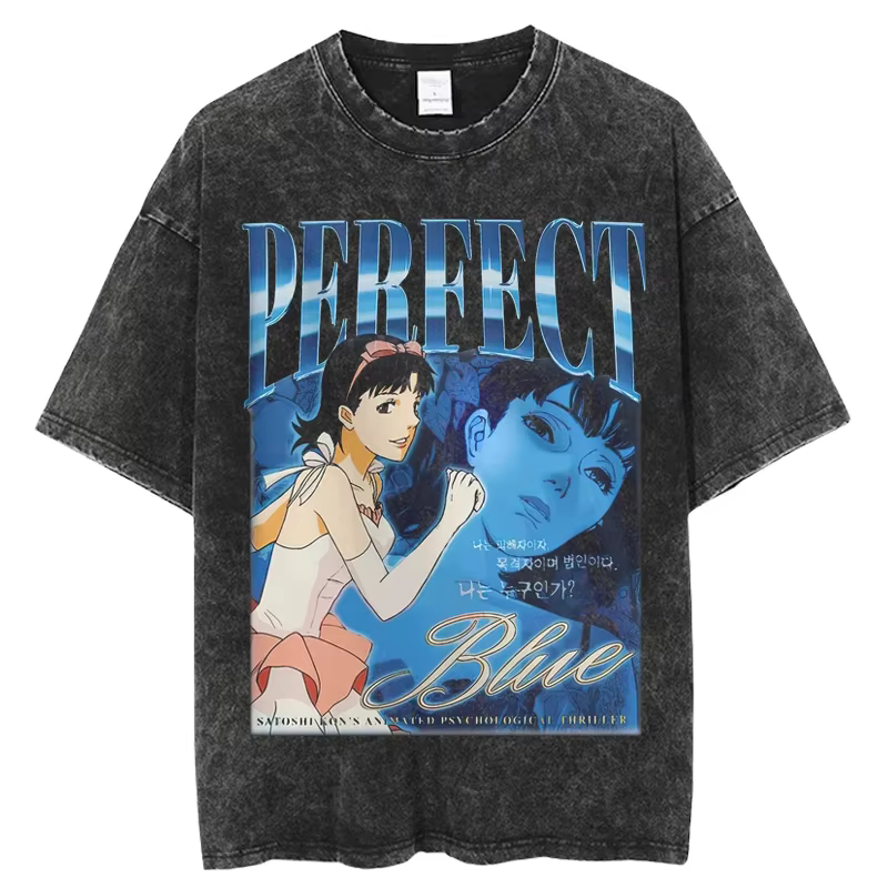 Anime japonais parfait bleu T-shirt hommes femmes vêtements Vintage lavé surdimensionné