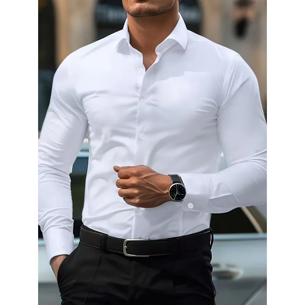 2025 chemise pour hommes flambant neuf couleur unie à manches longues intelligent décontracté quatre saisons élastique