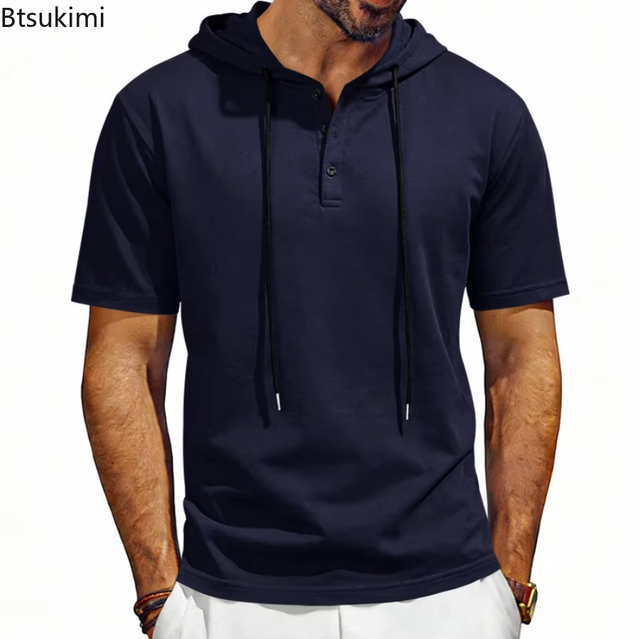 T-shirt à capuche confortable à manches courtes pour homme 2026 – Col Henley