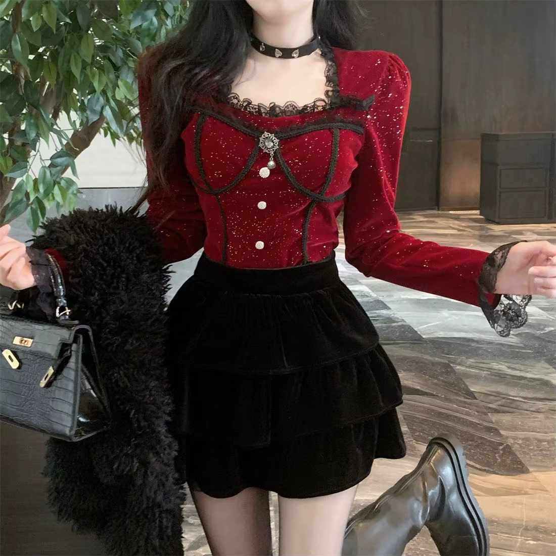Chemise de noël en velours à manches longues pour femmes