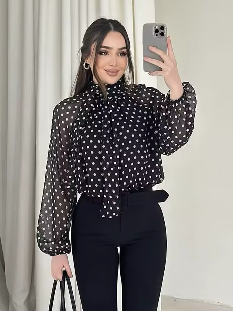 Femmes à pois imprimé Blouse décontracté col haut à manches longues dame