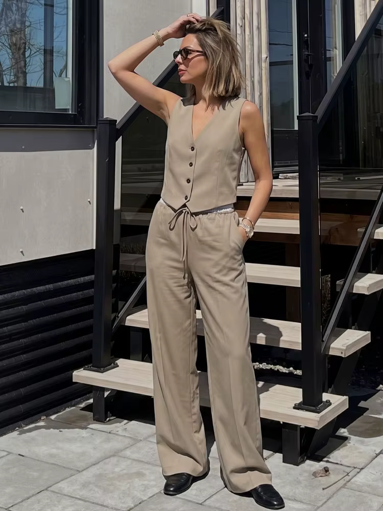 Ensemble pantalon élégant et décontracté marron pour femme