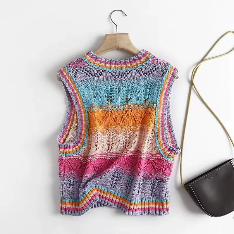 Gilet pull à rayures arc-en-ciel pour femme