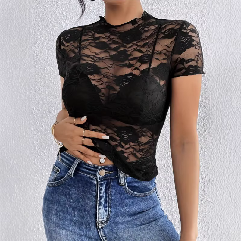 Nouveau T-shirt noir à col montant orné de dentelle, coupe ajustée, pour femme