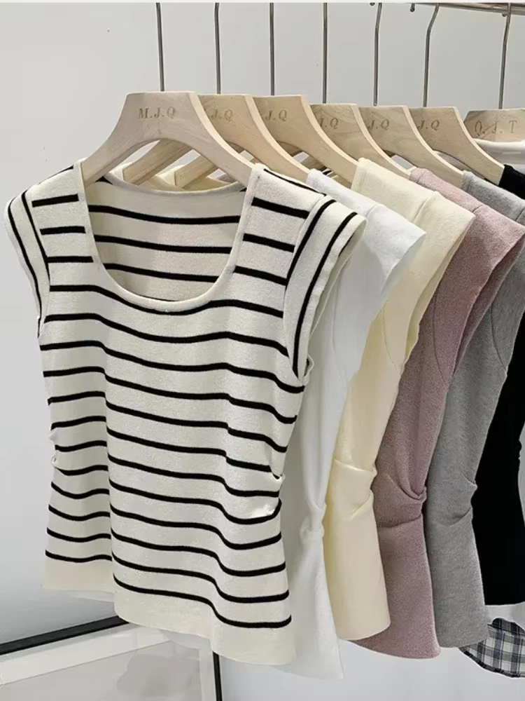 Nouveauté 2026 – Débardeurs rayés tricotés sans manches pour femme – T-shirts courts élastiques et décontractés – Gilets et camisoles ajustés
