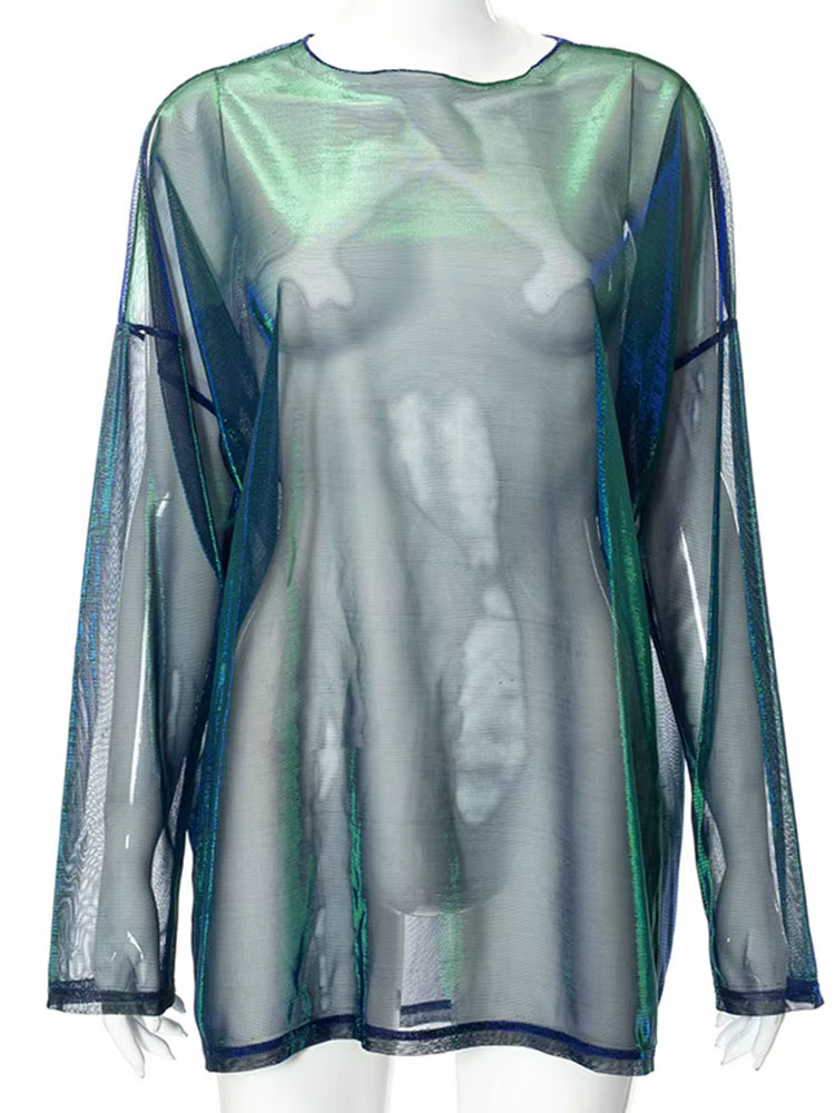 T-shirt à manches longues à col rond transparent pour femmes