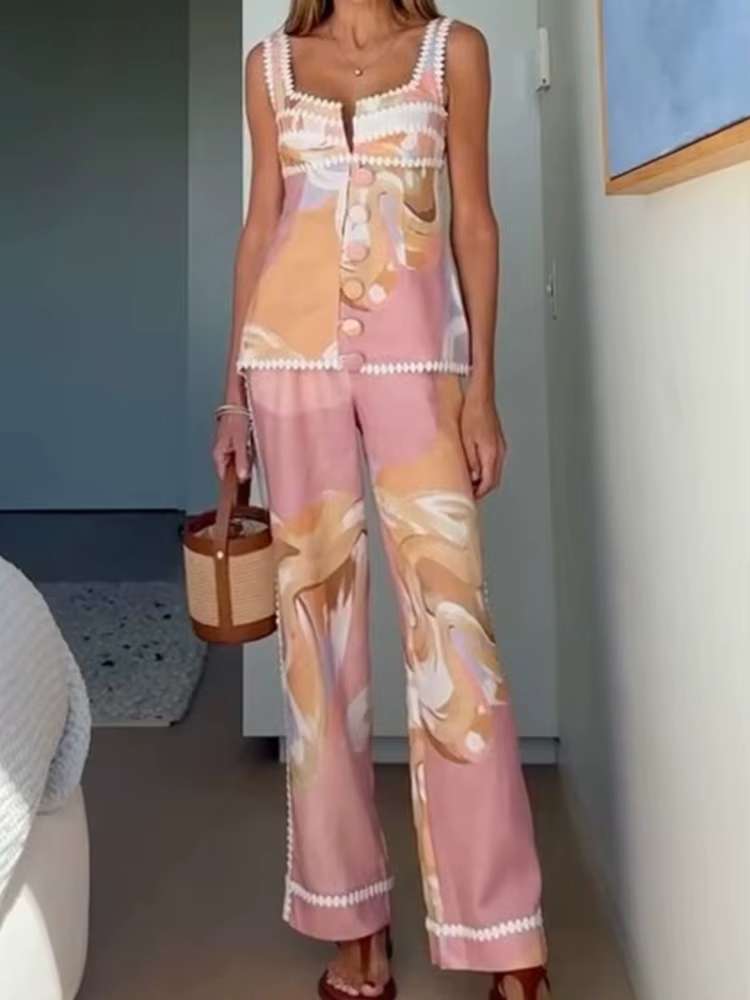 Femmes haut sans manches deux pièces ensembles assortis 2025 été imprimé Patchwork Chic tenue col en V mode Simple dame costume vêtements