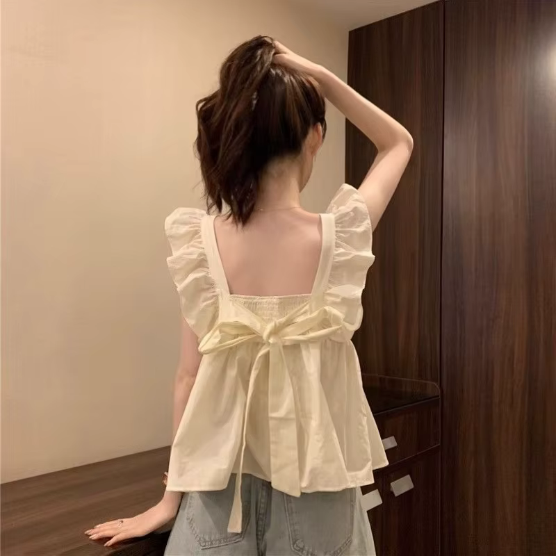 Haut court à nœud papillon pour femme, sans manches, à volants, coupe ample, décontracté, pour l'été et la plage, couleurs vives