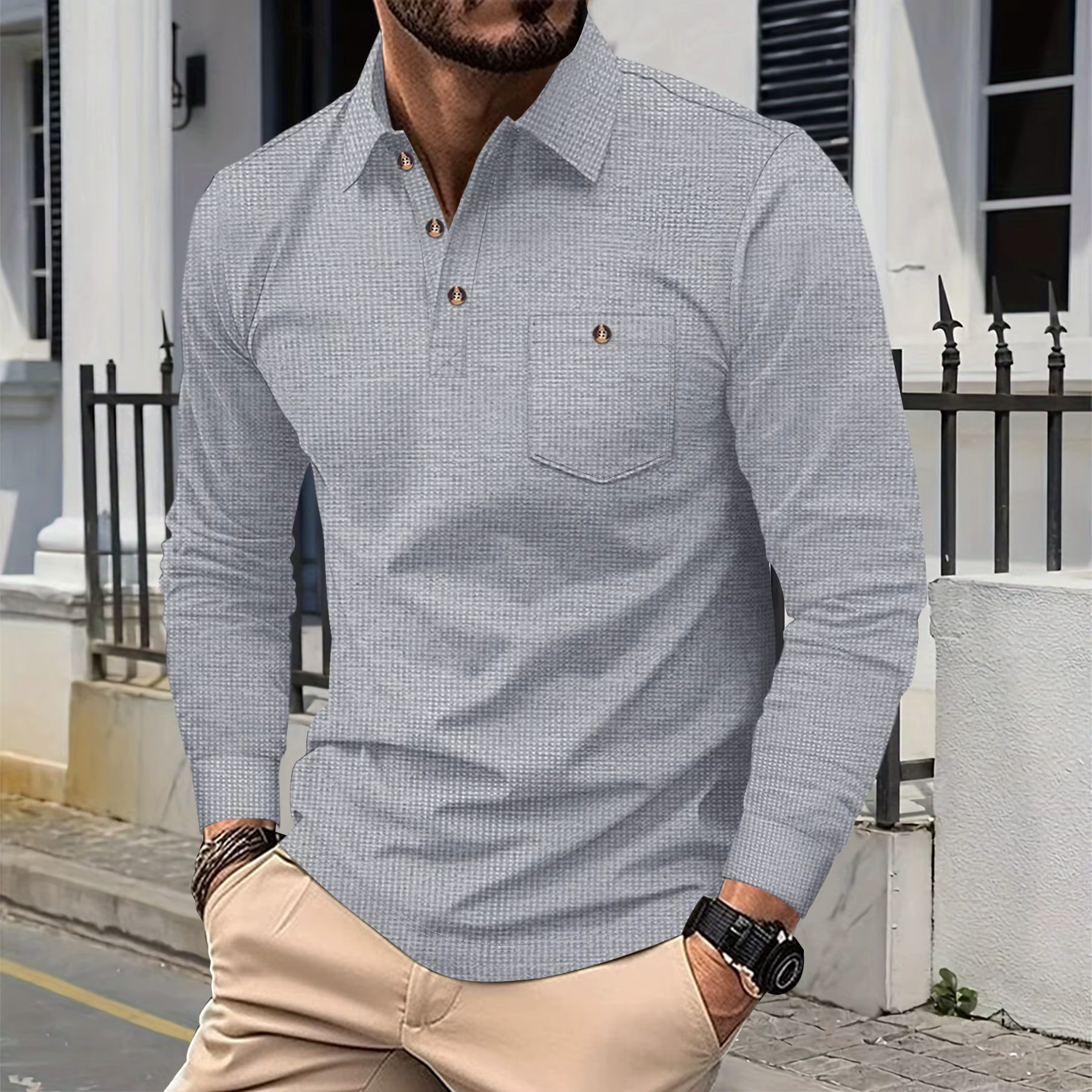 Polo Henley en tricot gaufré pour homme - T-shirt décontracté à manches longues avec col rabattu et poche poitrine boutonnée