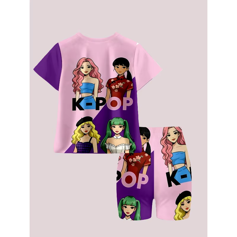 Ensemble décontracté 2 pièces imprimé K-Pop pour filles, T-shirt et short, idéal pour les fans de K-Pop, cadeau d'anniversaire, ensemble confortable et décontracté