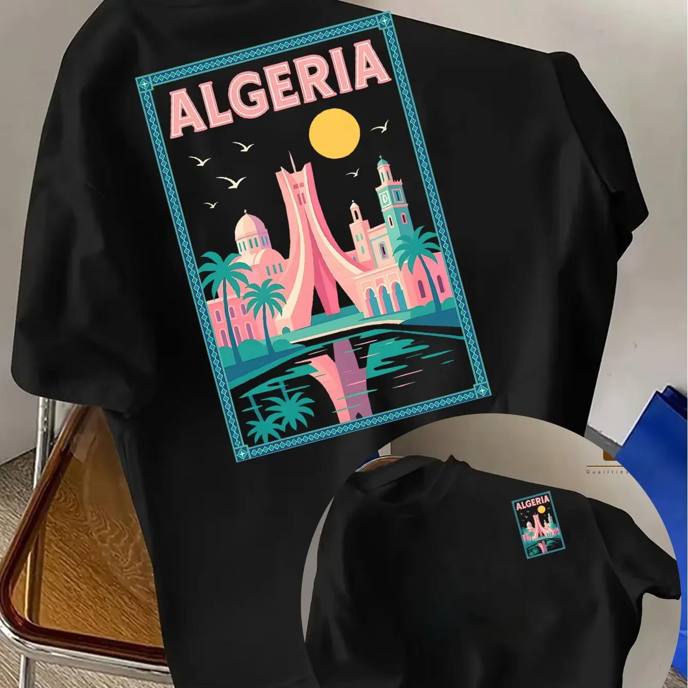 T-shirt Homme 100% Coton Algérie 2026 – Imprimé Rétro Paysage Urbain Nord-Africain – Streetwear Décontracté Noir pour Amateurs de Voyage