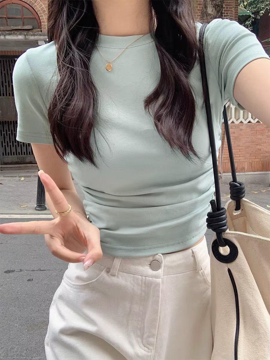 T-Shirt à manches courtes et col rond pour femmes, polyvalent, coupe cintrée, couche inférieure, vêtements d'extérieur
