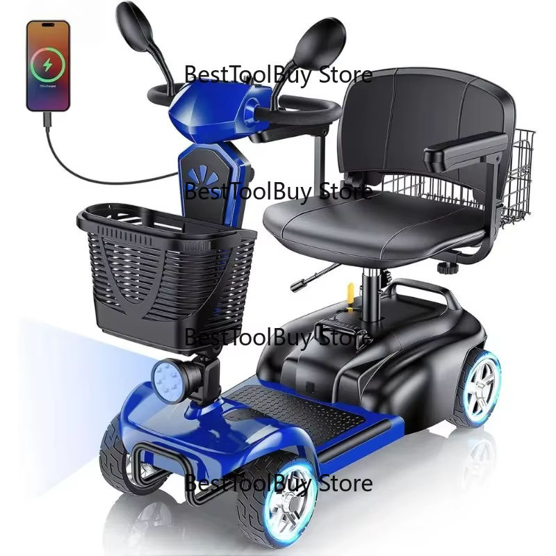 Scooter électrique à 4 roues avec deux paniers, moteur 350W, siège rotatif, port USB, capacité de 300 lb, personnalisé