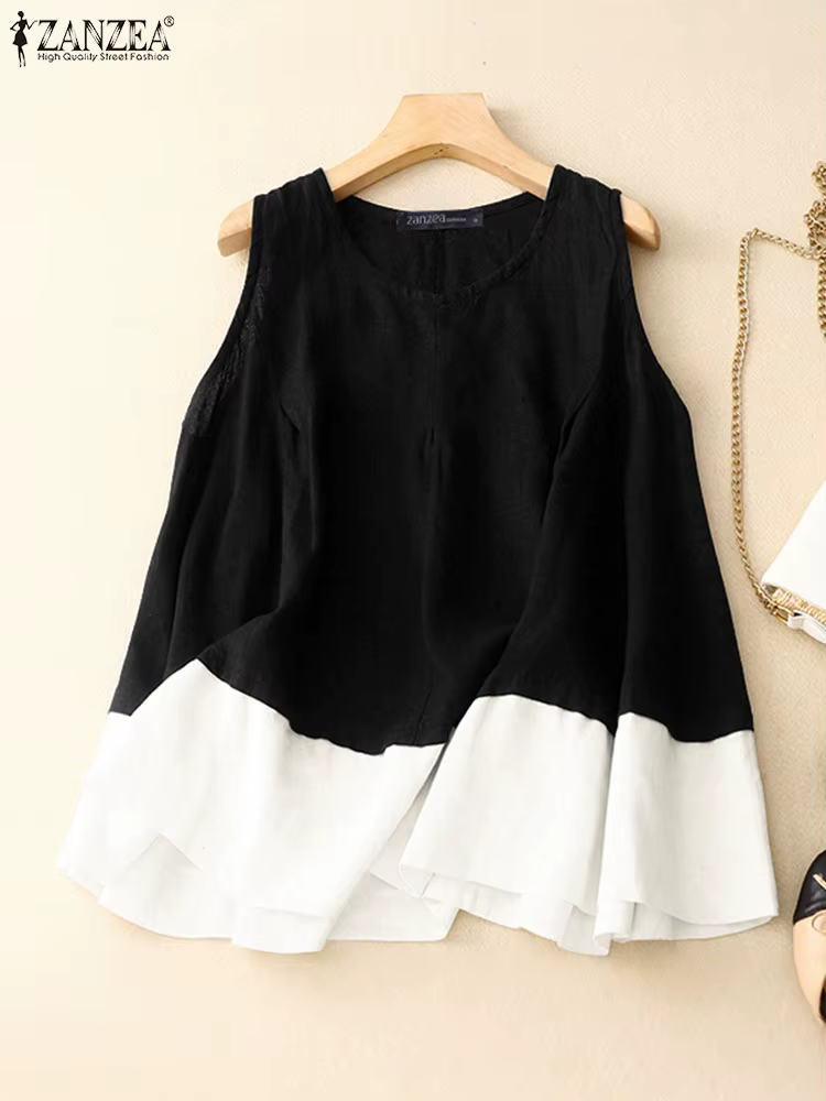 2025 femmes été débardeurs ZANZEA coton Camis Vintage col rond sans manches vacances Blouse rétro chemise ample t-shirts occasionnels surdimensionné