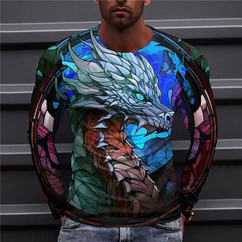 T-shirt Dragon coloré à manches longues et col rond pour hommes