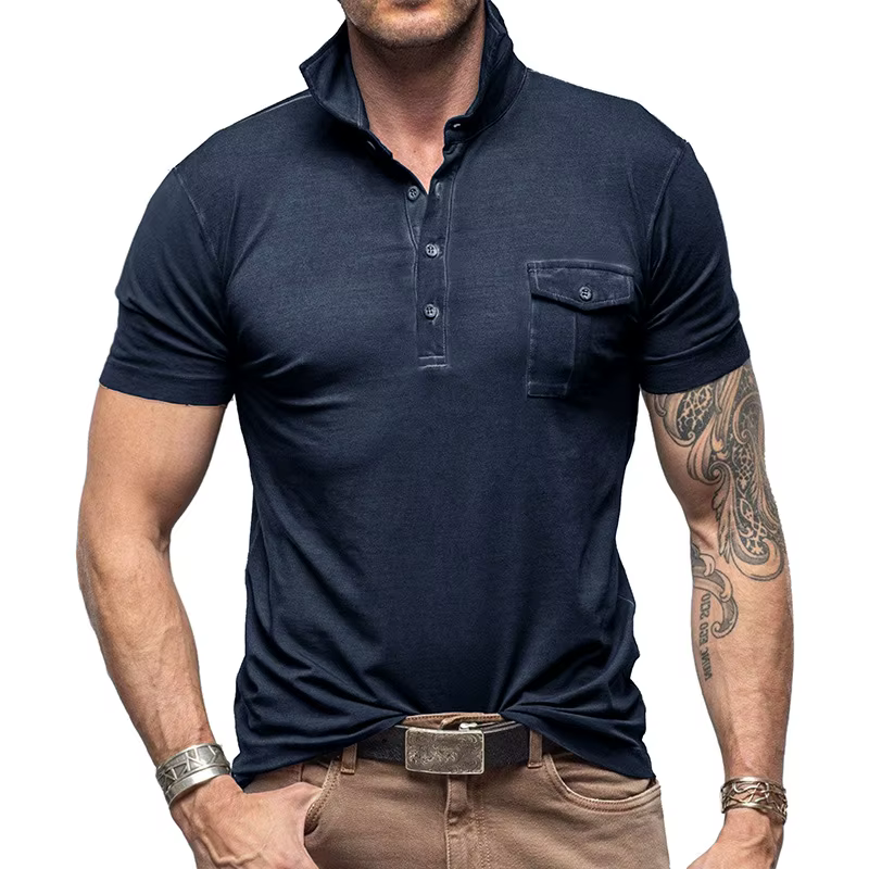 T-shirts bleu marine à manches courtes pour hommes avec poche poitrine