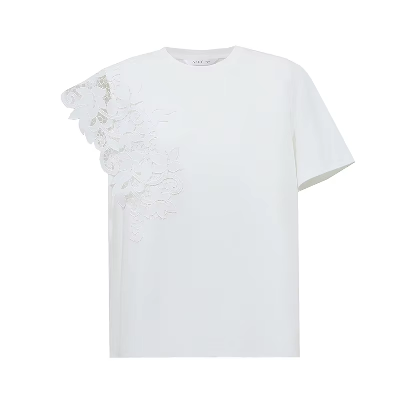 T-shirt Amii 2026 Nouvelle Collection Été Col Rond Coton Anti-Transpiration Dentelle Asymétrique Ample Manches Courtes Pour Femme 12642023