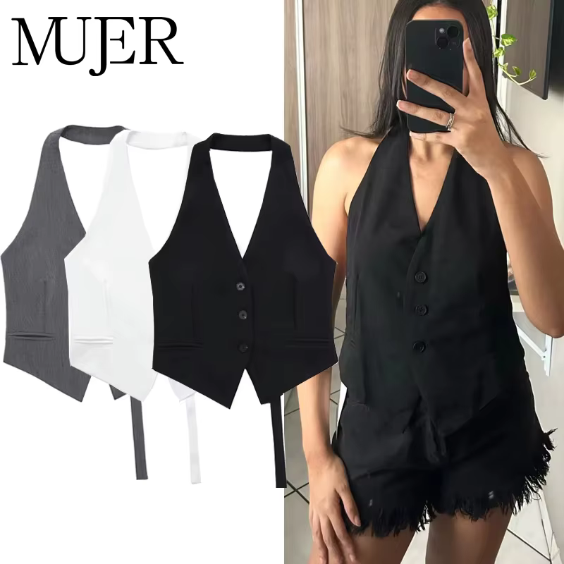 MUJER noir blanc gilet sans manches femmes épaules nues recadrée gilets